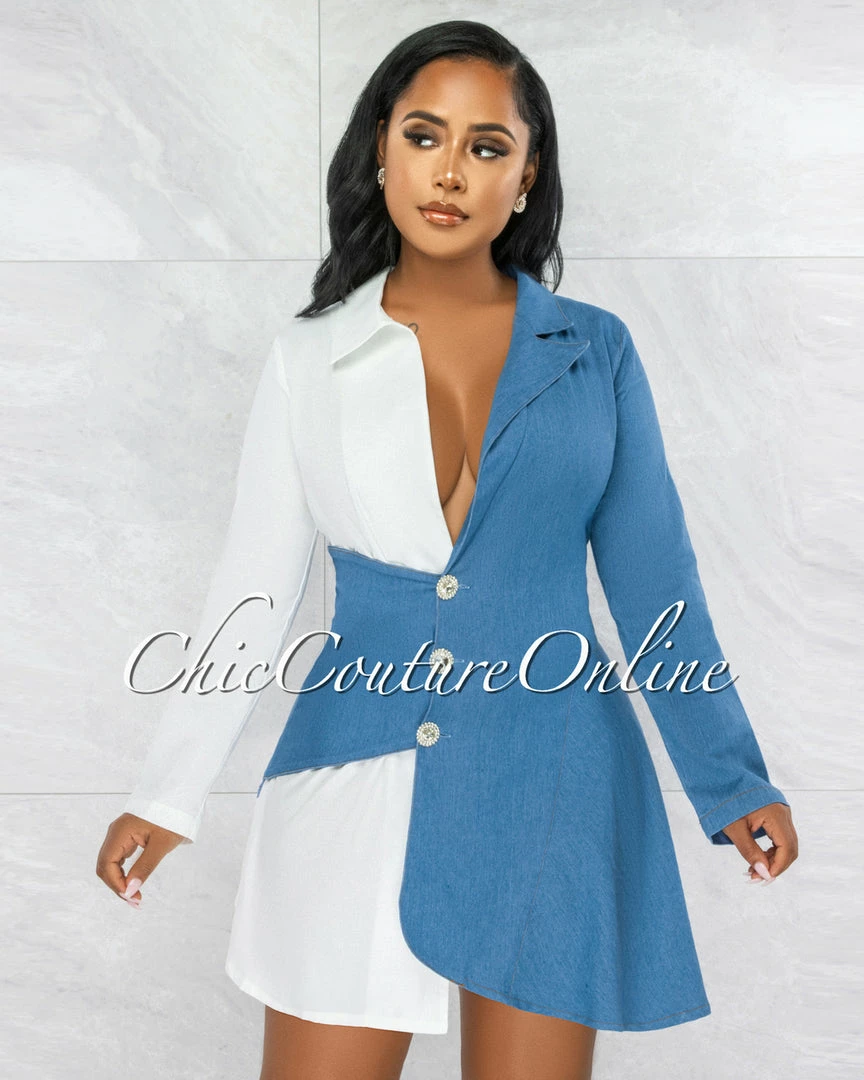 Vendor-unknown Seraphine White Overlay Denim Illusion Silver Buttons Dress