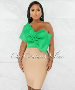 Chic Couture Online Fineas Kelly Green Dramatic Bow Accent Ponti Crop Top