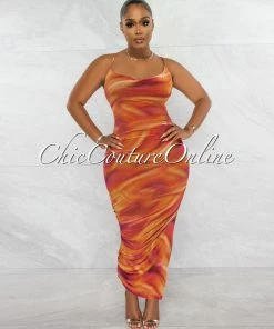 Chic Couture Online Frendie Rust Tie-Dye Mesh Drape Slit Maxi Sheer Dress