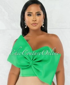 Chic Couture Online Fineas Kelly Green Dramatic Bow Accent Ponti Crop Top