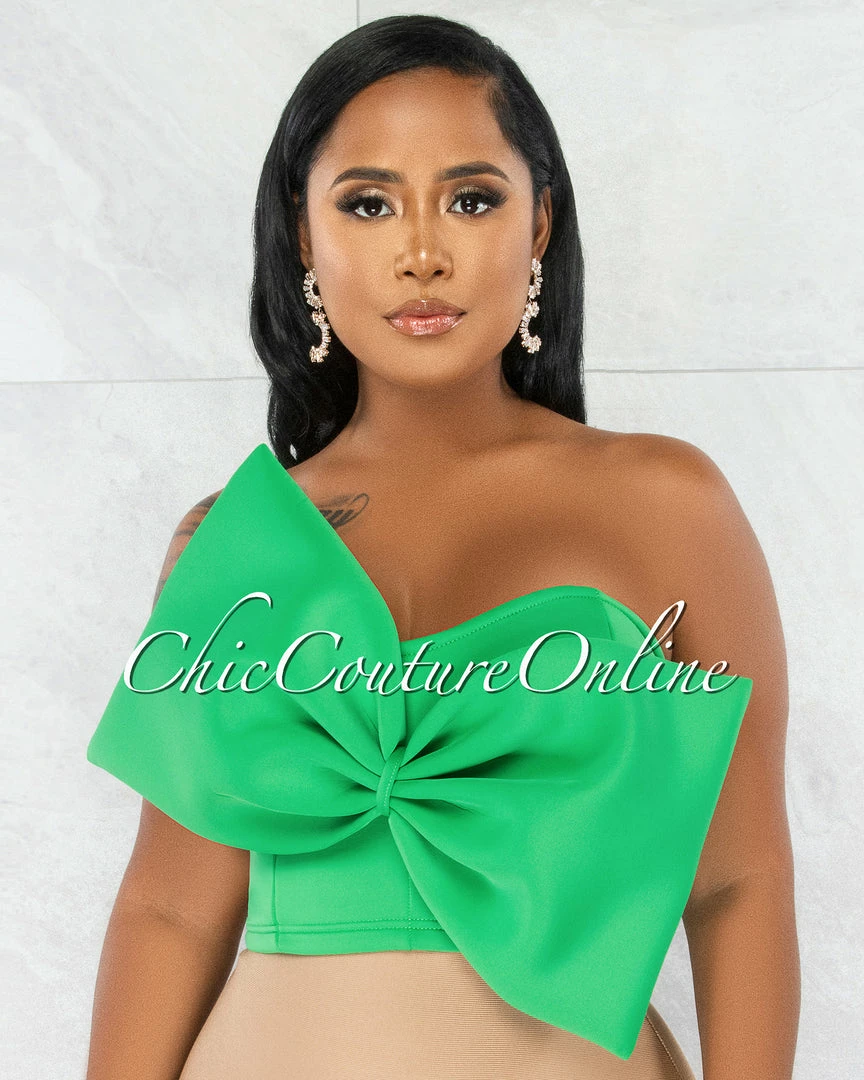 Chic Couture Online Fineas Kelly Green Dramatic Bow Accent Ponti Crop Top