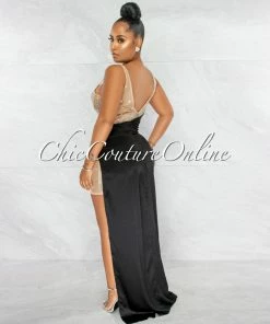 Chic Couture Online Briella Nude Rhinestones Mesh Sheer Dress & Black Silky Overlay