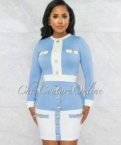 Chic Couture Online JUST IN Tellus Baby Blue White Trim Gold Buttons Two Piece Set