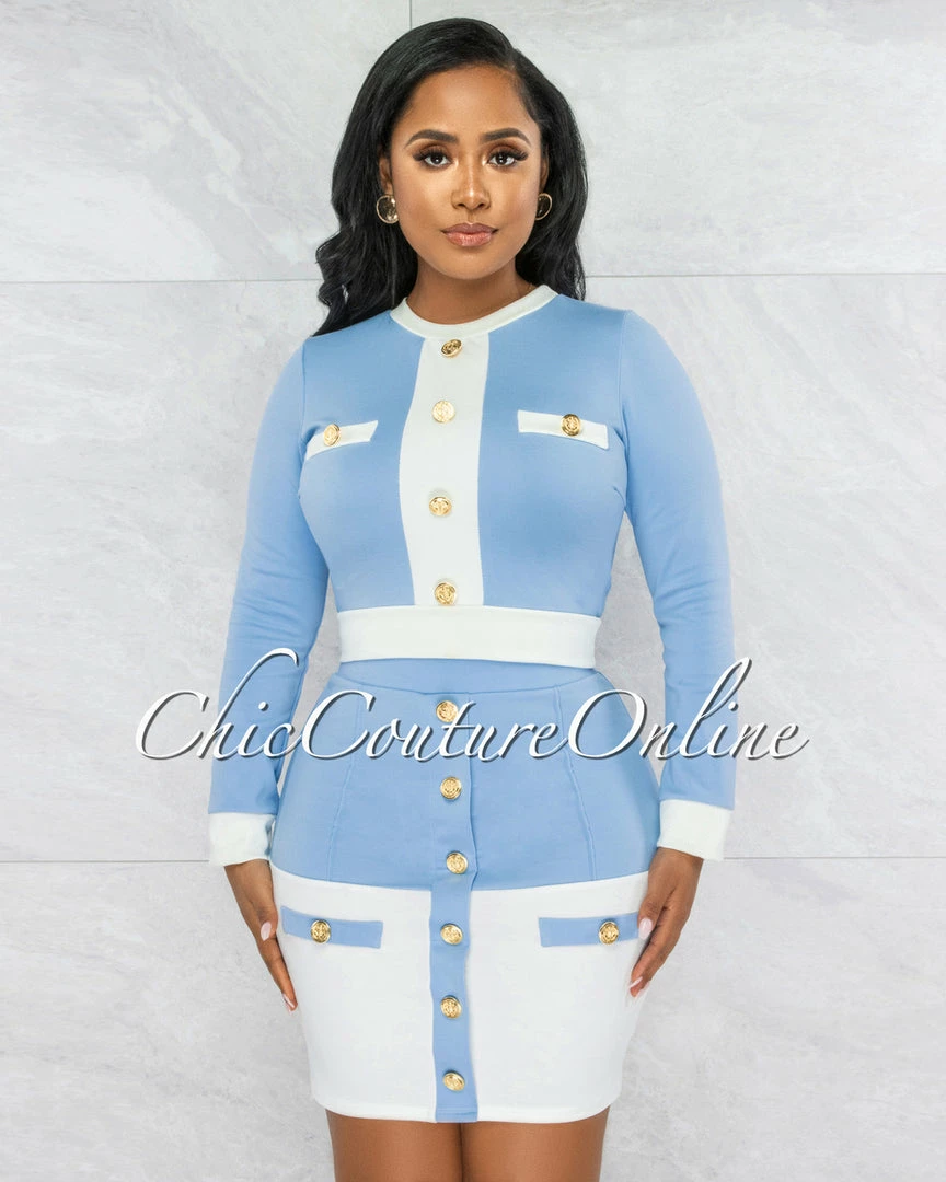 Chic Couture Online JUST IN Tellus Baby Blue White Trim Gold Buttons Two Piece Set