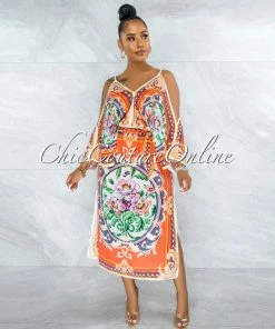 Vendor-unknown Jesuan Orange Multi-Color Print Wide Sleeves Maxi Dress