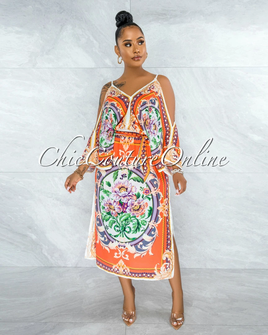 Vendor-unknown Jesuan Orange Multi-Color Print Wide Sleeves Maxi Dress
