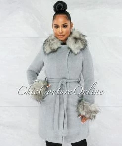 Vendor-unknown Holland Heather Grey Nude Faux Fur Belted Coat CLOTHING
