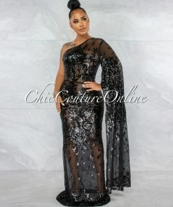 Vendor-unknown JUST IN Guida Black Sequins Sheer Single Long Sleeve Dress