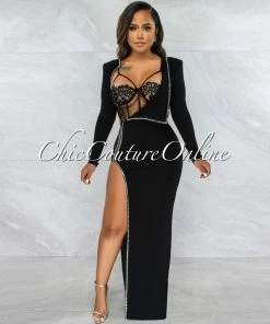 Chic Couture Online JUST IN Marlinda Black Bodysuit Rhinestone Embellished Dress Set