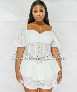 Vendor-unknown Khayla Off-White Eyelet Ruffle Skater Romper