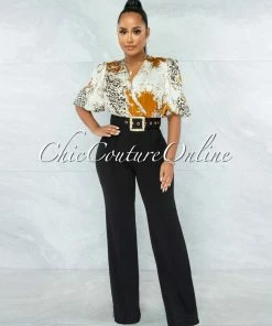 Vendor-unknown Gabriela Nude Multi Print Top Gold Buckle Belt Black Jumpsuit JUST IN