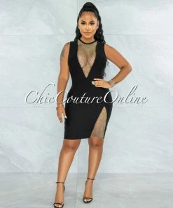 Vendor-unknown Rivir Black Rhinestones Net Details Bandage Dress JUST IN
