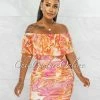 Chic Couture Online Kensie Orange Pink Print Off-The Shoulder Ruched Dress