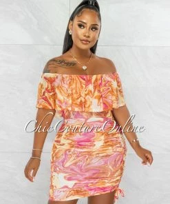 Chic Couture Online Kensie Orange Pink Print Off-The Shoulder Ruched Dress