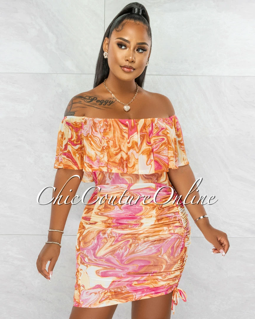 Chic Couture Online Kensie Orange Pink Print Off-The Shoulder Ruched Dress
