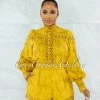 Vendor-unknown JUST IN Bansuri Mustard Crochet Pearl Sheer Blouse & Shorts Set