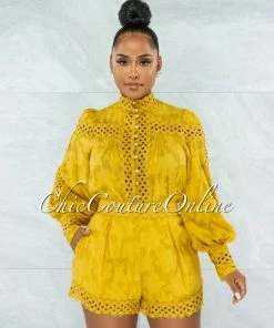 Vendor-unknown JUST IN Bansuri Mustard Crochet Pearl Sheer Blouse & Shorts Set