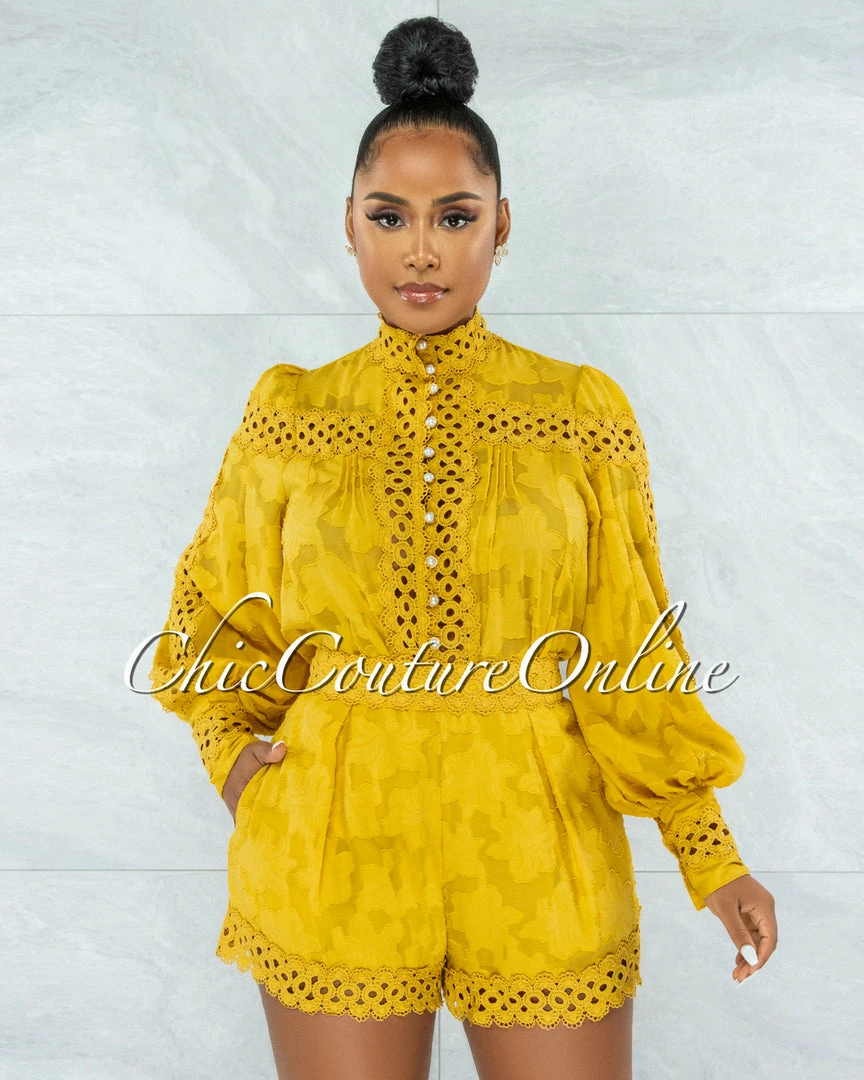 Vendor-unknown JUST IN Bansuri Mustard Crochet Pearl Sheer Blouse & Shorts Set