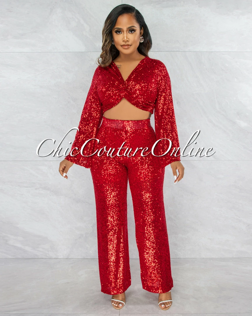 Vendor-unknown Cuenta Red Sequins Wide Legs Pants