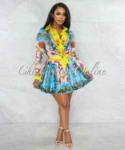 Vendor-unknown Fasta Baby Blue Print Tie Blouse & Pleated Mini Skirt Set