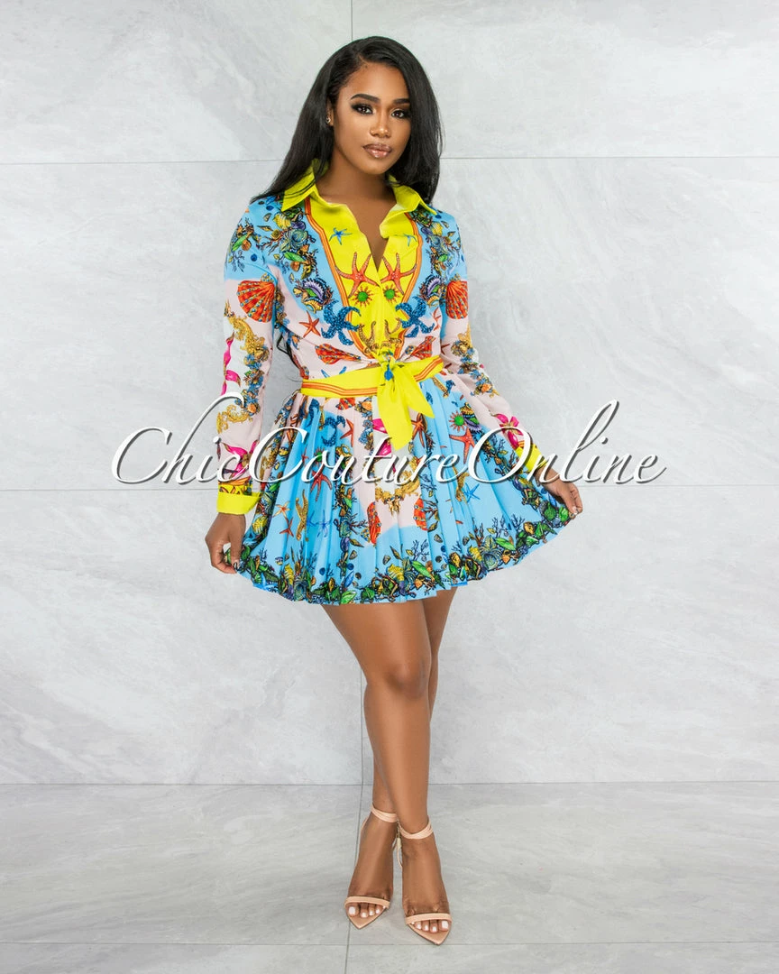 Vendor-unknown Fasta Baby Blue Print Tie Blouse & Pleated Mini Skirt Set