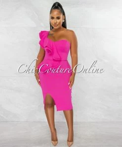 Chic Couture Online Corin Hot Pink Single Shoulder Ruffle Midi Dress