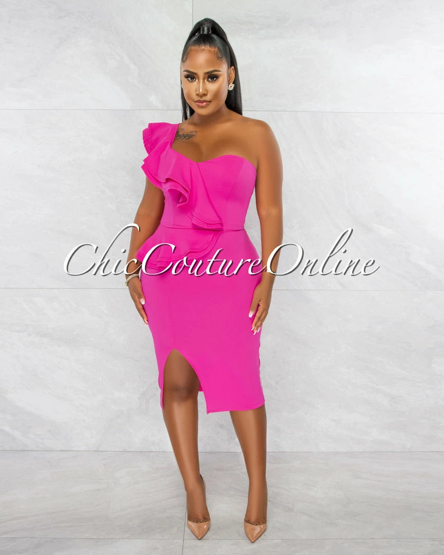 Chic Couture Online Corin Hot Pink Single Shoulder Ruffle Midi Dress
