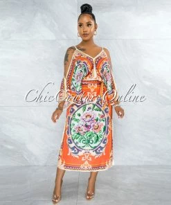 Vendor-unknown Jesuan Orange Multi-Color Print Wide Sleeves Maxi Dress