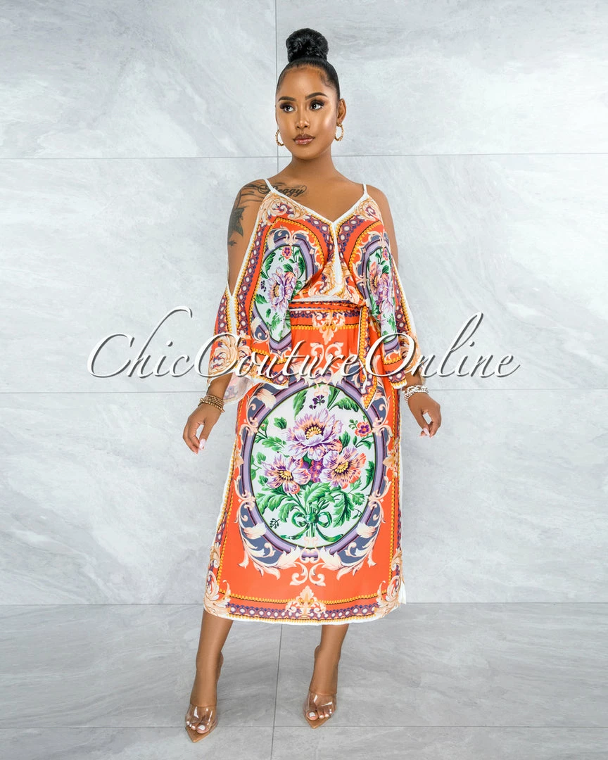 Vendor-unknown Jesuan Orange Multi-Color Print Wide Sleeves Maxi Dress