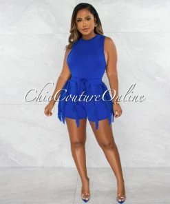 Chic Couture Online Granier Royal Blue Bodysuit & Fringe Shorts Set JUST IN