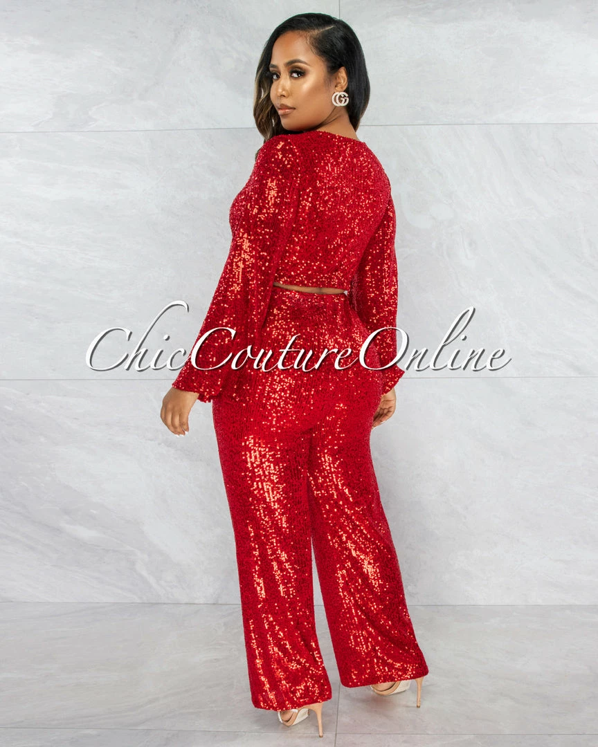 Vendor-unknown Cuenta Red Sequins Wide Legs Pants