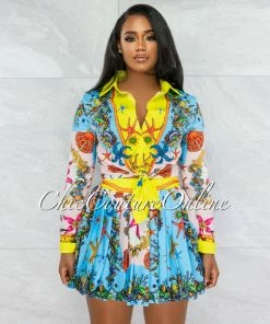 Vendor-unknown Fasta Baby Blue Print Tie Blouse & Pleated Mini Skirt Set