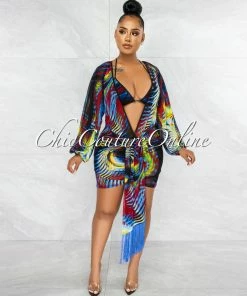 Vendor-unknown Tatiana Navy Blue Red Print Cover-Up 3 Piece Swimsuit Set
