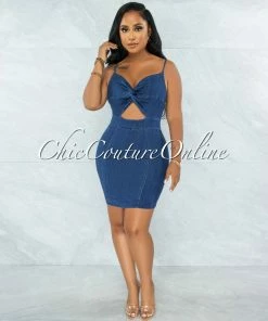 Vendor-unknown JUST IN Sigrid Dark Denim Knot Top Cut-Out Mini Dress
