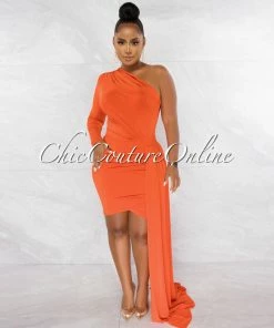 Chic Couture Online Cameo Orange Single Sleeve Long Strap Accent Dress JUST IN