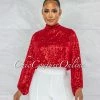 Vendor-unknown Marvesa Red Sequins Drape Crop Top JUST IN