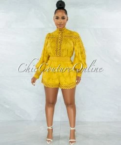 Vendor-unknown JUST IN Bansuri Mustard Crochet Pearl Sheer Blouse & Shorts Set
