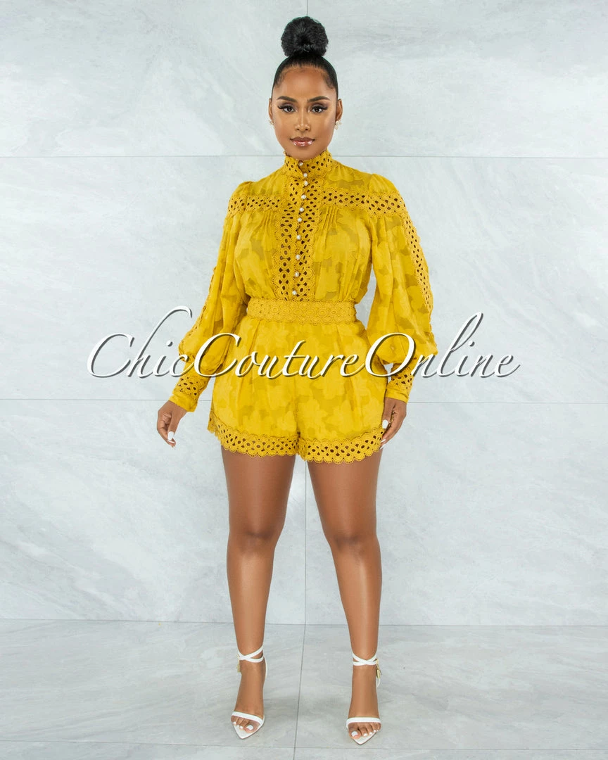 Vendor-unknown JUST IN Bansuri Mustard Crochet Pearl Sheer Blouse & Shorts Set