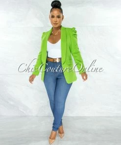 Chic Couture Online JUST IN Dorcas Kelly Green Bubble Sleeves Boyfriend Long Blazer