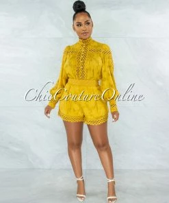 Vendor-unknown JUST IN Bansuri Mustard Crochet Pearl Sheer Blouse & Shorts Set