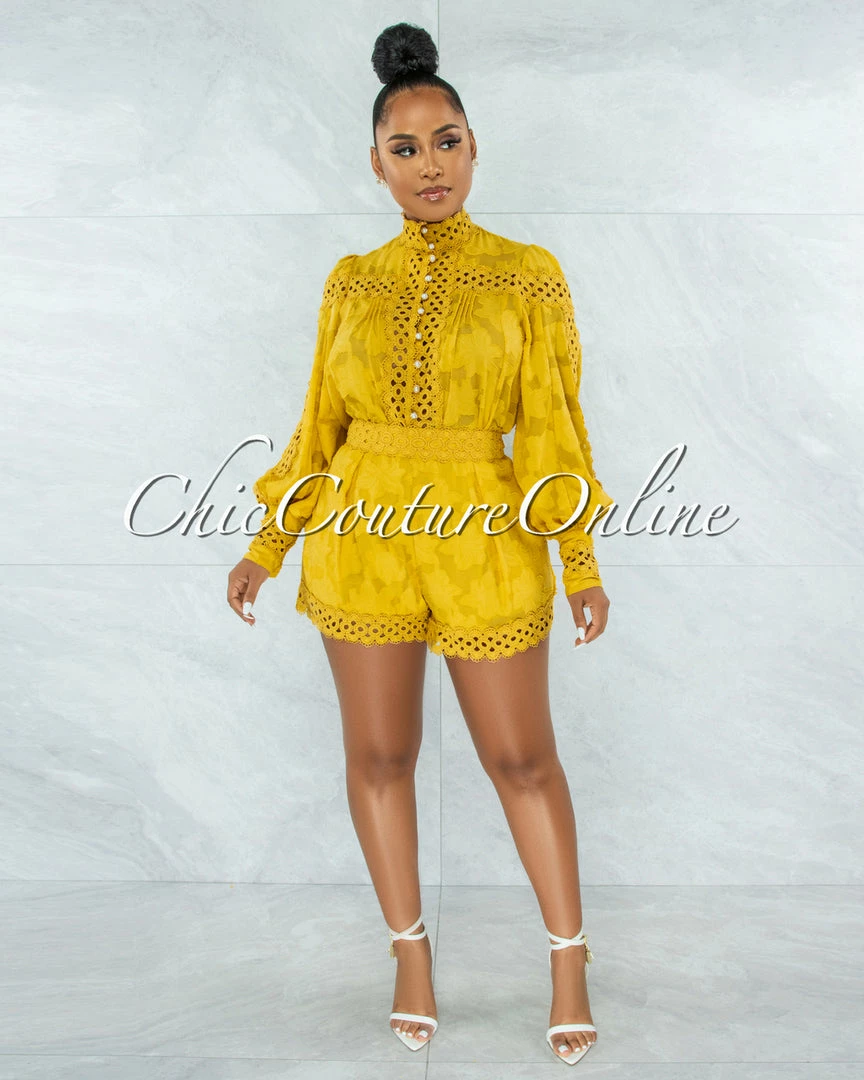 Vendor-unknown JUST IN Bansuri Mustard Crochet Pearl Sheer Blouse & Shorts Set