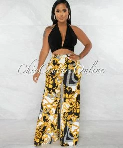 Chic Couture Online JUST IN Nehara Black Crop Top & Brocade Print Wide Pants Set