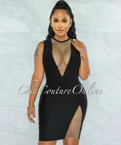 Vendor-unknown Rivir Black Rhinestones Net Details Bandage Dress JUST IN