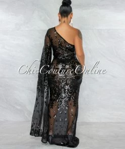 Vendor-unknown JUST IN Guida Black Sequins Sheer Single Long Sleeve Dress