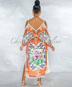 Vendor-unknown Jesuan Orange Multi-Color Print Wide Sleeves Maxi Dress