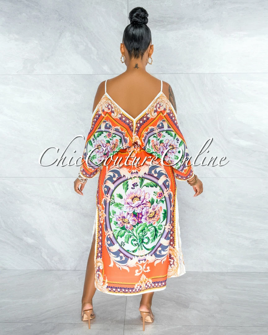 Vendor-unknown Jesuan Orange Multi-Color Print Wide Sleeves Maxi Dress