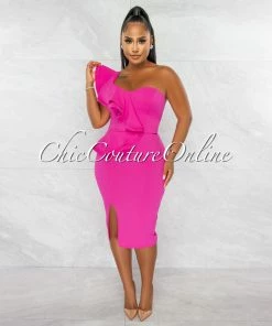 Chic Couture Online Corin Hot Pink Single Shoulder Ruffle Midi Dress