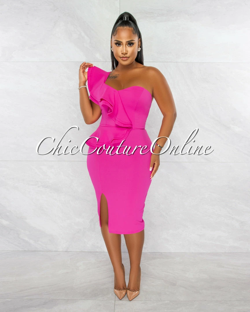 Chic Couture Online Corin Hot Pink Single Shoulder Ruffle Midi Dress
