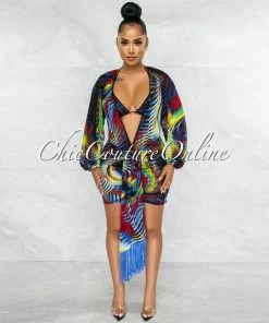 Vendor-unknown Tatiana Navy Blue Red Print Cover-Up 3 Piece Swimsuit Set