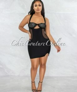 Vendor-unknown JUST IN Variya Black Keyhole Mesh Rhinestones Mini Dress